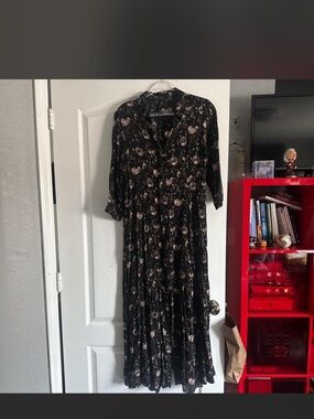 Zara Black Maxi Dress with Pink Floral Print